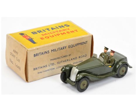 Britains 1448 Army "Staff" Car - military drab green including hubs with black tyres, split windscreen with figures - Excelle