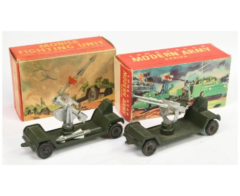 Lone Star Military a pair of gun/rocket trailers (1) green, with silver rocket launcher and separate rocket and (2) with Pom-