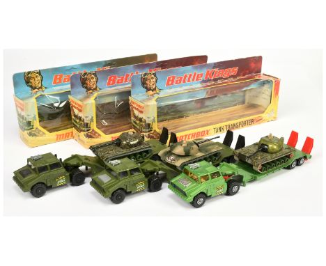 Matchbox Battle Kings K106 Tank Transporter group of 3 (1) green, grey interior and exhaust stacks, black coupling with M48 T
