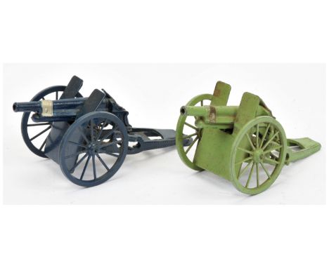 Britains field guns a pair of unboxed (1) 1201 "Royal Artillery" - light pea green including wheels and (2) same but blue inc