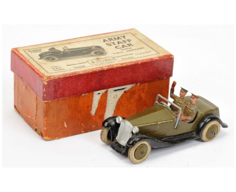 Britains 1448 Army "Staff" Car - khaki including hubs with white tyres, black chassis, full open windscreen with figures (rep