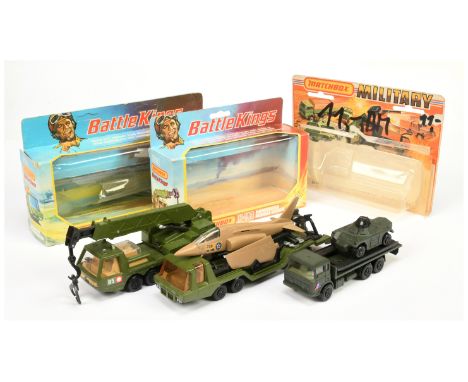Matchbox Battle Kings group (1) K113 Mobile crane - green including jib with black hook, (2) Aircraft Carrier - green, black 