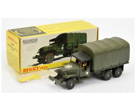 French Dinky 809 GMC covered wagon - drab green including concave hubs, military green plastic canopy, black front roof - Exc