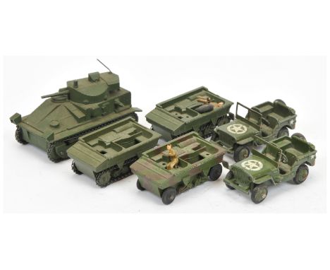 Dinky military group of 6 to include (1) 151A medium tank (2) 162A dragon Light tank, (3) same, (4) same but camouflage green