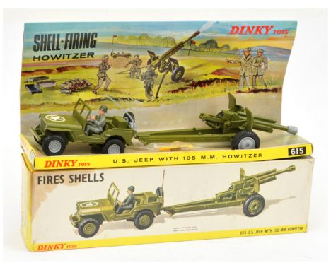 Dinky 615 Military set to include Jeep green with light grey plastic hubs and radio box, figure driver and 105mm Howitzer gun