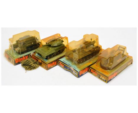 Dinky military group of 4 to include - (1) 281 Hovercraft (blue rear blade) (2) 622 Bren gun carrier, (3) 654 155mm Mobile gu