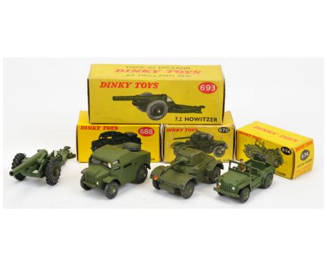 Dinky military group of 4 - to include (1) 670 Armoured Car (2) 674 Austin Champ with figure driver, (3) 688 Artillery tracto