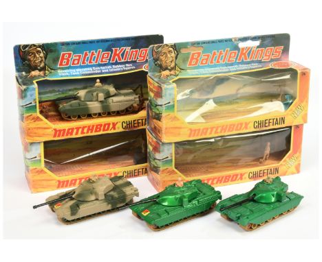Matchbox Battle Kings K103 Chieftain Tank group of 3 (1) metallic dark green, light tan rollers with darker tan outer, tan ru
