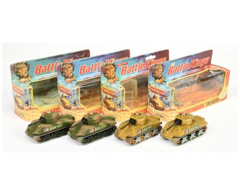 Matchbox Battle Kings K101 Sherman Tank group of 4 (1) metallic gold, silver base, green rollers, tan outer with grey rubber 