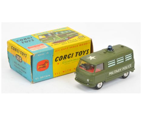 Corgi 355 Commer "Military Police" Van - green body, red interior with figure driver, blue battery operated roof light, spun 