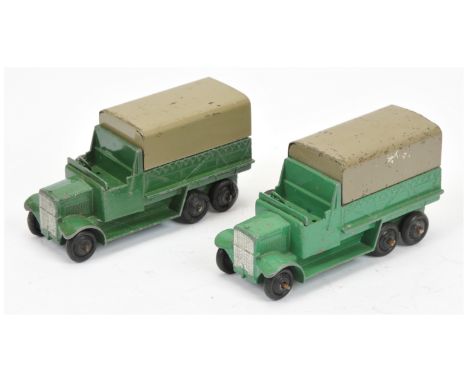 Dinky 25S 6-Wheeled cover wagon a pair (1) light green body, grey metal tilt, black rigid hubs, tow hook and (2) same but dar