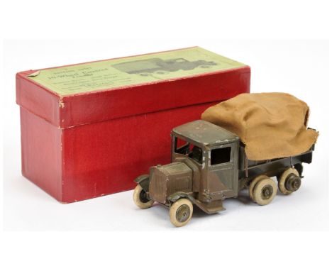 Britains 1332 Army 6-wheeled Covered Lorry - camouflage finish white tyres, tan cloth canopy, square nosed radiator - Fair to