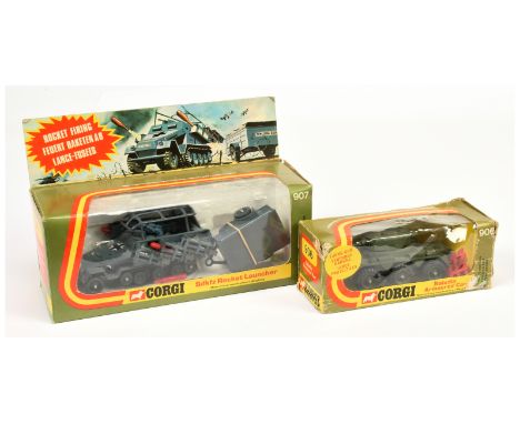 Corgi Military pair (1) 906 Saladin Armoured Car - green including wheels, with some red missiles attached to sprue and (2) 9