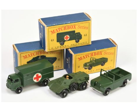 Matchbox Regular Wheels group of 3 (1) 12B Land Rover - military green body, knobbly black plastic wheels, (2) 61A Scout car 