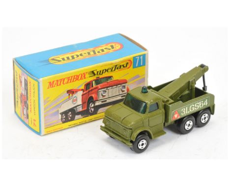 Matchbox Superfast 71 Military Ford Wreck Truck - finished in green including jib with black plastic hook, dark green tinted 