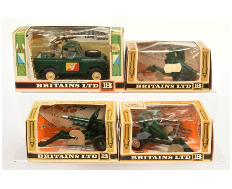 Britains military group of 4 (1) 9782 land Rover - green, light beige hubs with correct figures, (2) 9724 105mm Howitzer - gr