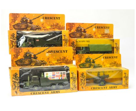 Crescent Toys group of 4 army series - (1) 1251 Howitzer, (2) 1260 Covered lorry with decal sheet, (3) open back lorry with d