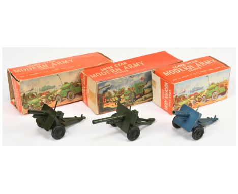 Lone Star Military group of 3 field guns (1) blue, black wheels, (2) same but green and (3) same as (2) but long barrel - con