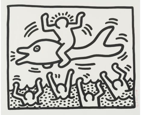 KEITH HARING (1958-1990) Untitled (Man on Dolfin), 1987     Lithographie sur Arches. Signée, datée et numérotée 115/170 en ro