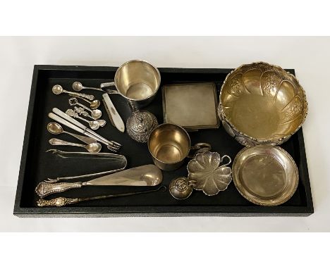 TRAY OF UNUSUAL SILVER ITEMS INCL. 830 SILVER BOWL,ENGINE TURNED CIGARETTE CASE,8 MINIATURE SILVER SPOONS ETC