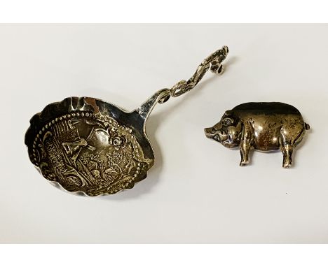 H/M SILVER DUTCH CADDY SPOON &amp; A PIG PIN CUSHION - 48 GRAMS TOTAL APPROX