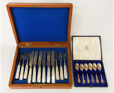 CASED SET OF H/M SILVER TEASPOONS WITH H/M SILVER MOTHER OF PEARL HANDLED KNIFE &amp; FORK SET