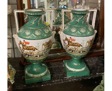PAIR OF GREEN PORCELAIN HUNTING SCENE VASES 38CMS (H) APPROX