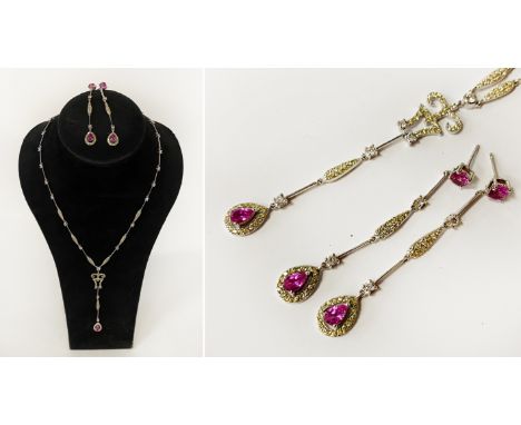 H/M SILVER BEJEWELLED NECKLACE &amp; MATCHING EARRINGS RED STONES TEST AS RUBY (POSSIBLY LAB)