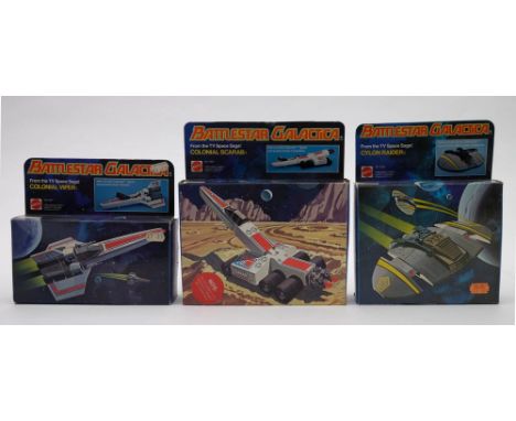 Three Mattel Battlestar Galactica vehicles, 'Cylon Raider', 'Colonial Viper' and 'Colonial Scarab' 1978 issue in original box
