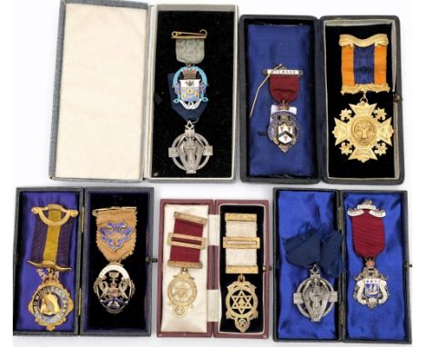 A group of ten  various silver, silver gilt and enamel Masonic and Lodge  jewels:.