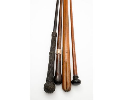 An ebony and ropework walking cane, an Edwardian silver mounted rosewood walking cane, a customs officers measure stick and a