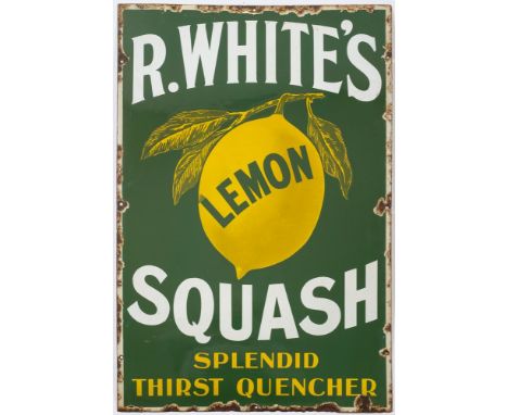 An enamel advertising sign for 'R Whites Lemon Squash':, white and yellow on a green reserve, 77cm x 51cm.