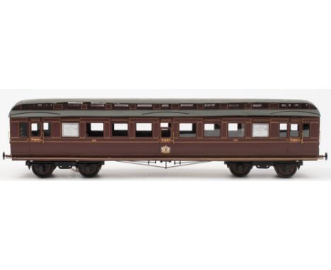 A good scratch built First Class passenger carriage in LMS livery:,gold coach lines on maroon body, detailed exterior furnish