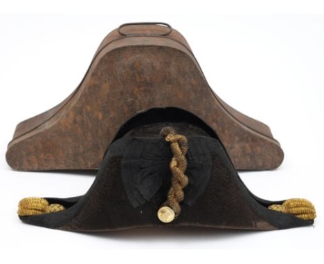 A  Royal Navy bicorn hat in Russian lacquer tin:, with gilt braid and button.