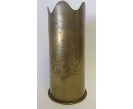 A World War I trench art shell case: 'Arras, Souvenir From France', 19cm. high.
