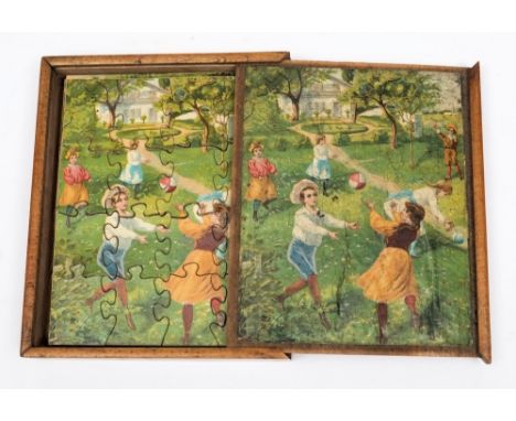 A set of early 20th century jigsaws in a wooden box:, each with polychorme lithograph scene.
