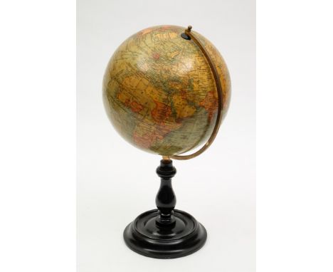 A Geographia 8 inch 'Terrestrial Globe':, the lithograph printed globe with oval makers cartouche as per title, brass meridia