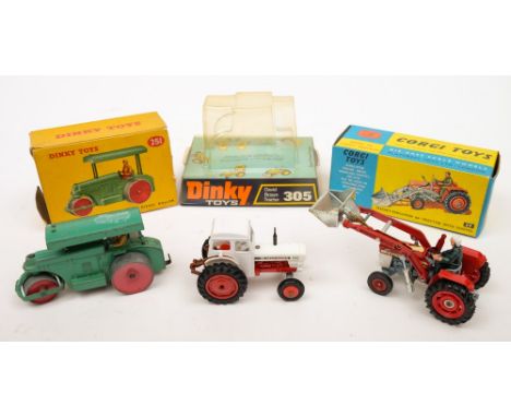 A Dinky 251 Diesel Roller, a Dinky 305 David Brown Tractor in white and a Corgi 69 Massey 165 tractor with shovel:, all in or