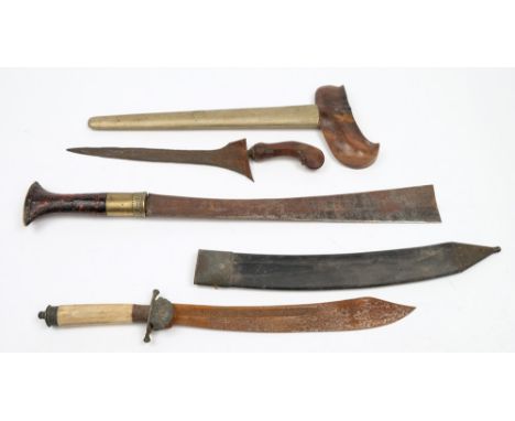 A Malayan Kris together with  two Burmese style short swords:, one with bone handle in a black wooden scabbard,(3).