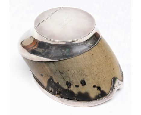 A George V silver mounted horses hoof inkwell, maker Army & Navy CSL, London 1913:, the cover inscribed 'Charlie 1895-1912'  