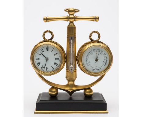 A 19th century French gilt brass foul anchor desk set:, comprising clock and barometer in circular rope entwined cases either