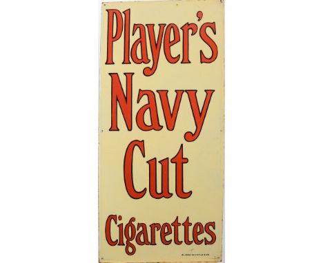 An early 20th century enamel advertising sign for Players Navy Cut cigarettes: red on cream 116cm x 54cm, Wildman and Megoyer