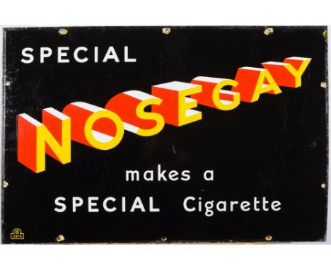 An enamel advertising sign for Nosegay cigarettes: with yellow red and white 3D text on a black dark ground - 50cm x 76cm.