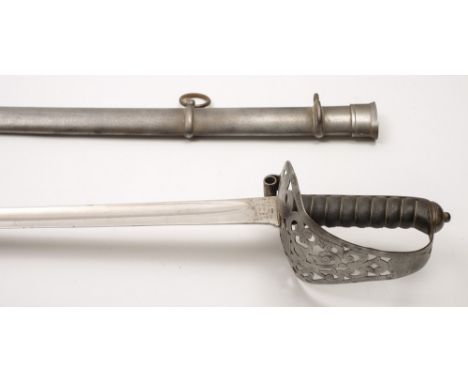 A 19th century Household Cavalry Troopers sword:, the straight fullered blade with multiple armory stamps to the ricasso, ope