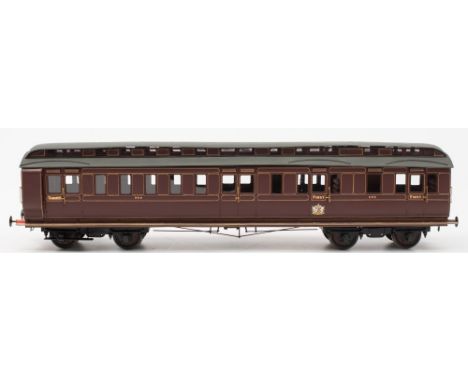 A good scratch built First Class and Guard carriage in LMS livery:, gold coach lines on maroon body, detailed exterior furnis