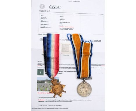 A WWI pair 'R13416 Pte A E Coles K R Rif C:, together with research paperwork and an account of Pte Coles death.