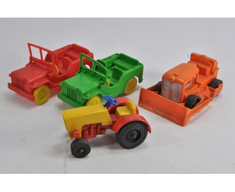 Unusual plastic tractor and vehicle group. Tudor Rose etc. VG to E. (4)
