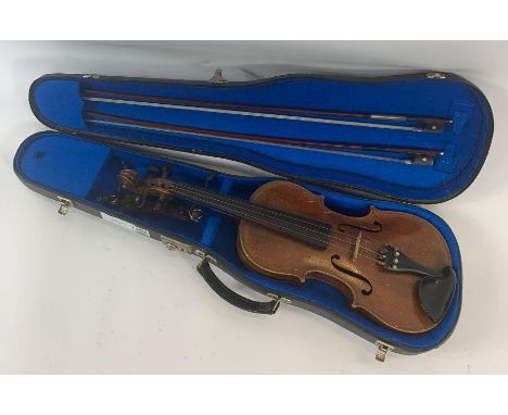 A full size violin, stamped 'Wach (?) Hopf' below the button, length of back 36cm; together with two unmarked bows, a 'Lark' 