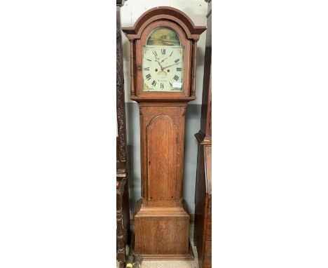 A 19th century oak cased eight day longcase clock, Tickell, Kingsbridge, with decorative painted arched dial, circular date a