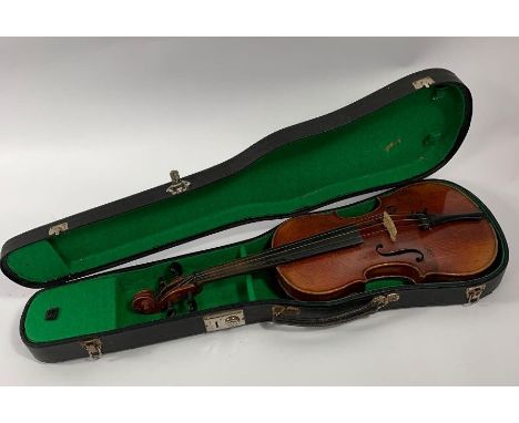 An unnamed violin, body 33.8cm long not including button, cased